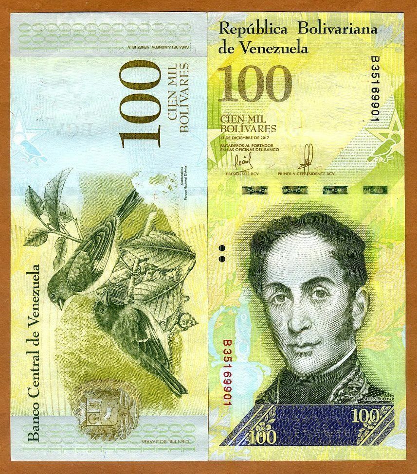 Venezuela 100000 ( 100,000 ) Bolivares, 2017, P-100, Aunc Banknote / Currency