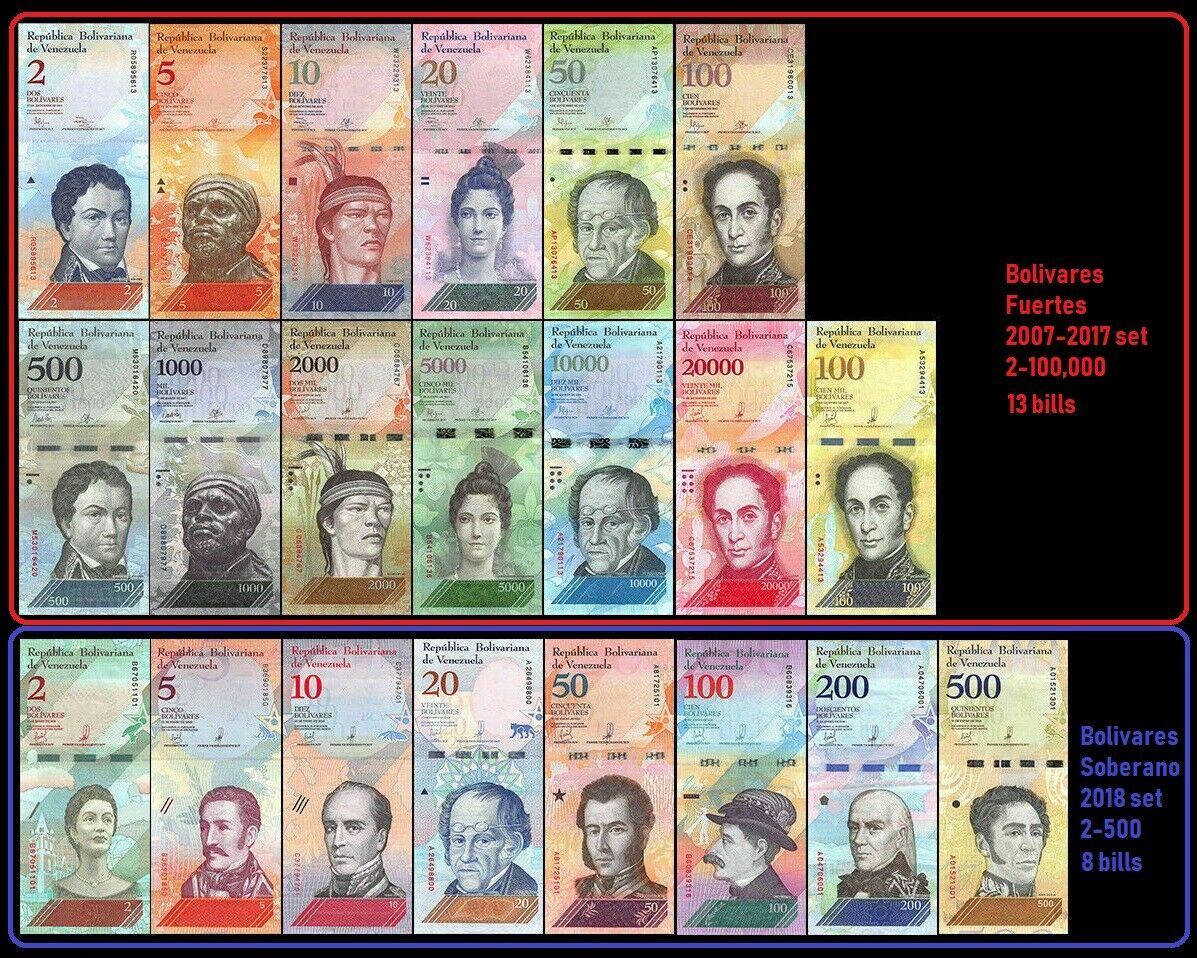 Venezuela Full Set 2 - 100000 Bolivares & 2 - 500 Soberanos (21 Banknotes) Unc